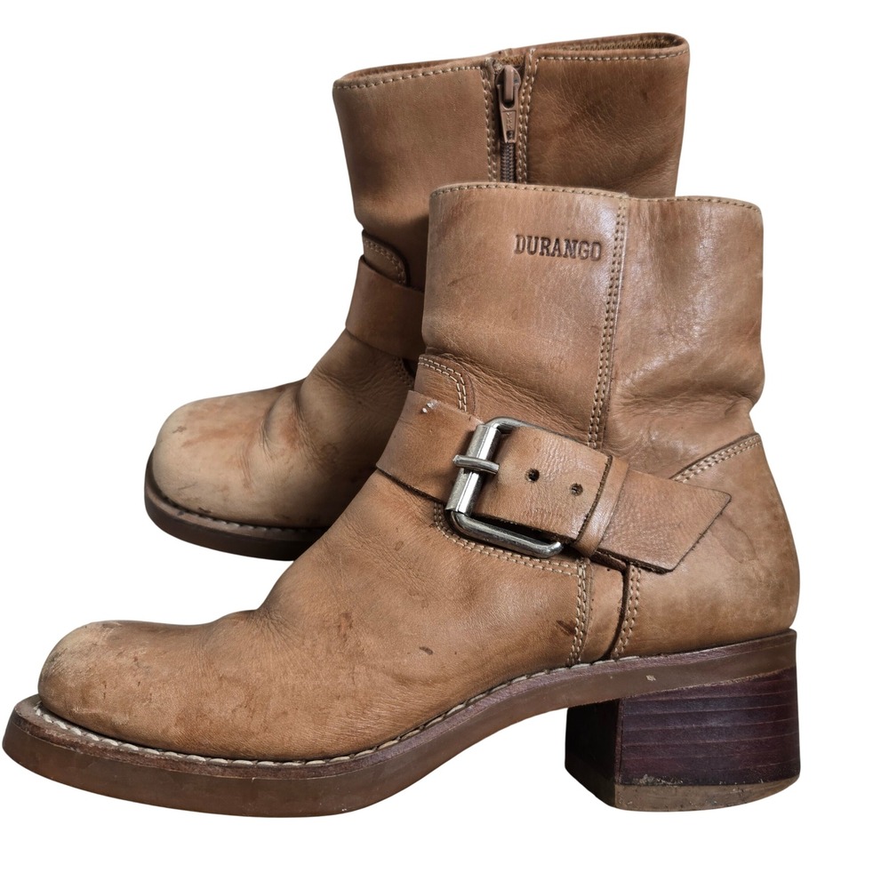 Vtg 90s Durango 7 Ankle Boots Chunky Women Tan Leather Harness Buckle Square